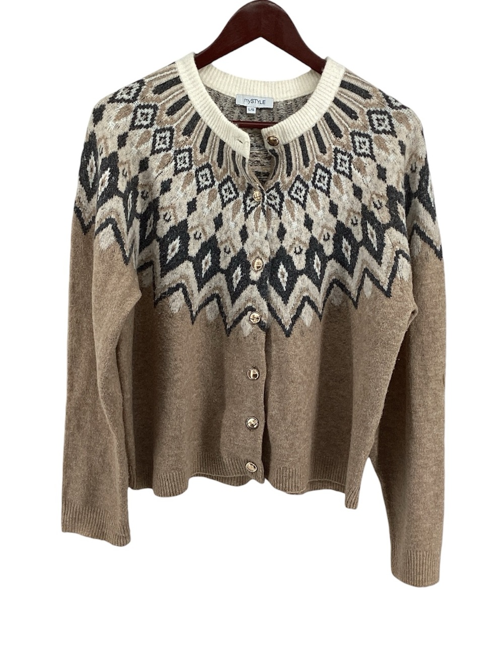 💚 MyStyle Beige Fair Isle Button-Up Sweater Cardigan, Size Large